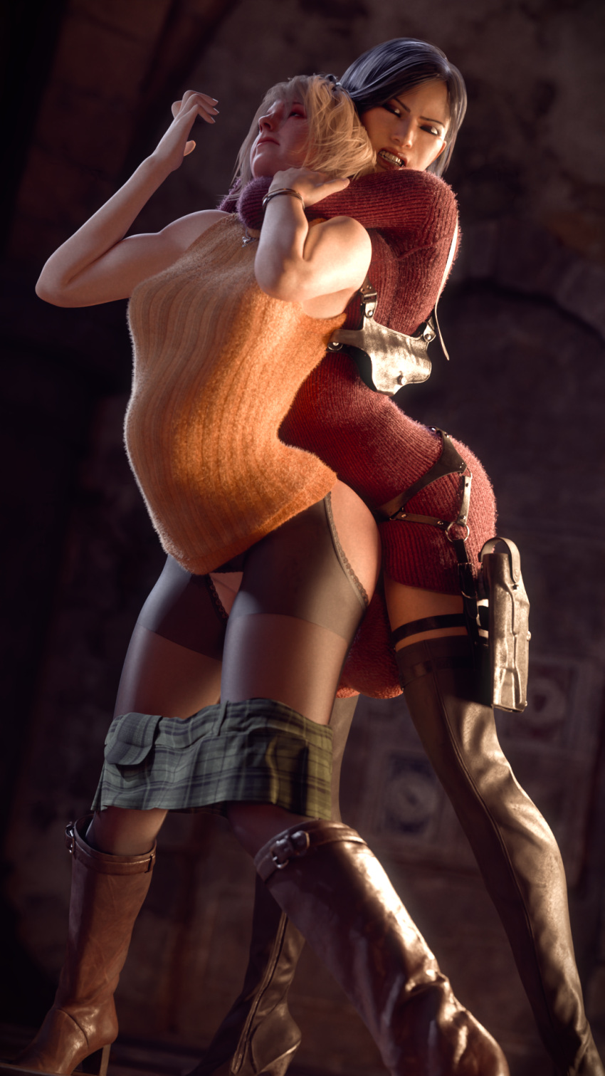 1futa 1girls 3d ada_wong ada_wong_(adriana) arched_back ashley_graham ashley_graham_(ella_freya) asphyxiation big_penis choke_hold female from_behind futa_on_female futanari harness huge_cock large_penis pantyhose red_face resident_evil resident_evil_4 resident_evil_4_remake scamarai stomach_bulge sweater thighs