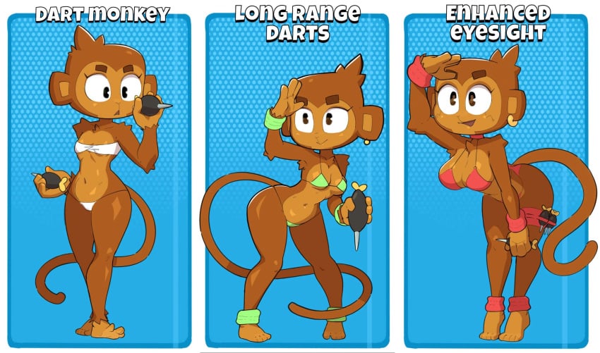 anthro big_breasts bikini bikini_bottom bikini_top bloons_td_6 bloons_tower_defense breast_expansion breasts cute dart dart_monkey earring earrings looking_at_another looking_away medium_breasts monkey monkey_girl monkey_tail small_breasts thighs vixycore