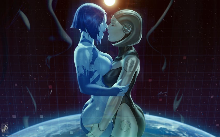 2girls ass_grab blue_hair blue_skin breasts closed_eyes colored_skin cortana crossover earth_(planet) edi edi_(mass_effect) facing_another female from_side grabbing_another's_ass groping halo_(series) highres imminent_kiss large_breasts mass_effect mass_effect_(series) multiple_girls nipples open_mouth planet profile robot_girl short_hair space themaestronoob yuri