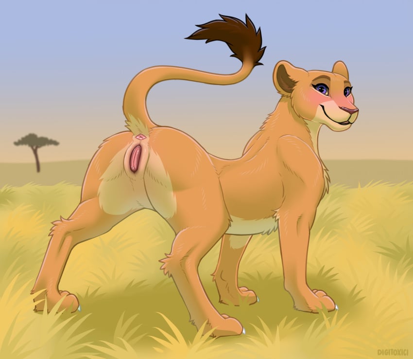 animal_genitalia animal_pussy anis blush digitoxici disney feline_genitalia feline_pussy female feral fur genitals hi_res looking_back nala_(the_lion_king) outside purple_eyes pussy raised_tail rear_view savanna smile solo tail tail_tuft the_lion_king tuft yellow_body yellow_fur