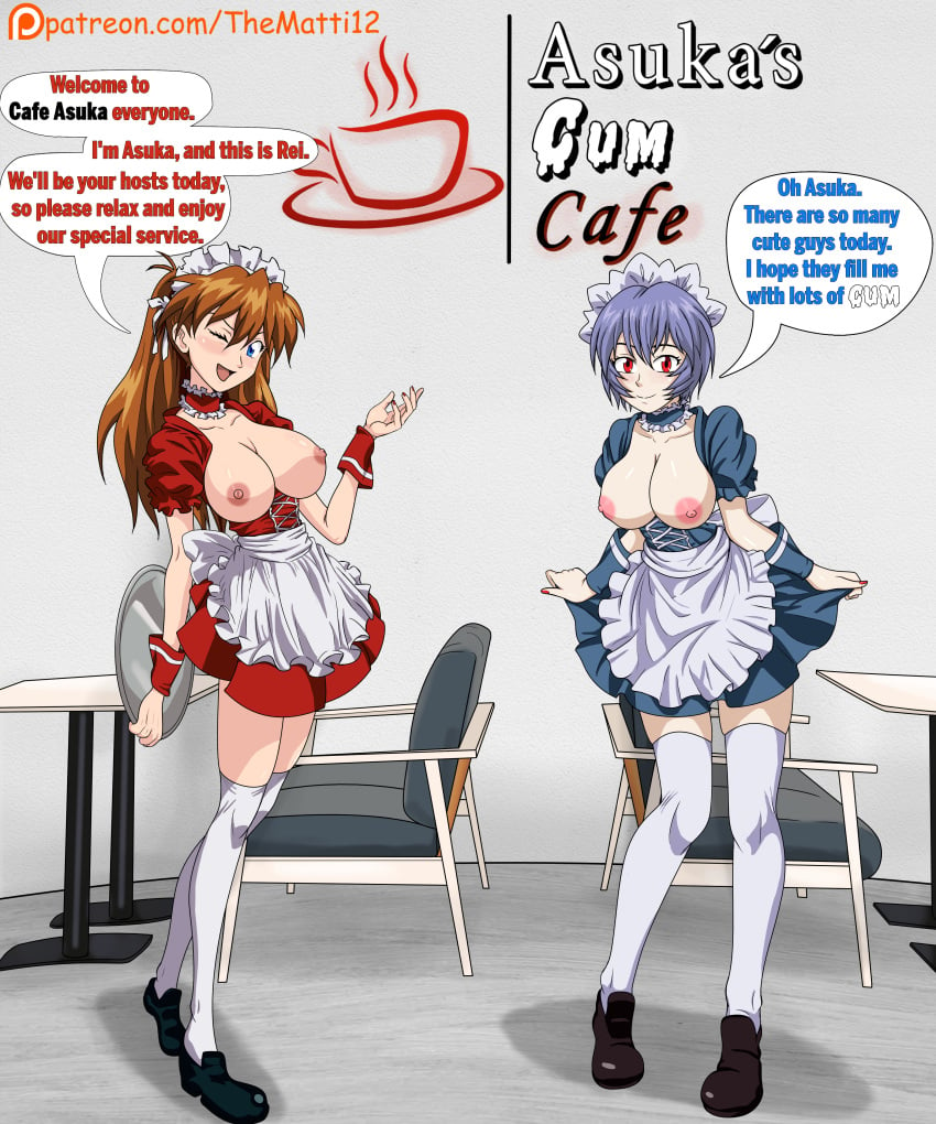 2girls asuka_langley_sohryu big_breasts blue_eyes blue_hair breastless_clothes breasts breasts_out cafe casual_exposure dialogue_bubble english_text female frilled_choker frilled_dress human light-skinned_female light_skin long_hair maid multiple_girls neon_genesis_evangelion neopn_genesis_evangelion nipples orange_hair pale-skinned_female pale_skin red_eyes rei_ayanami sexual_service short_hair shrug_(clothing) standing thematti123 topless