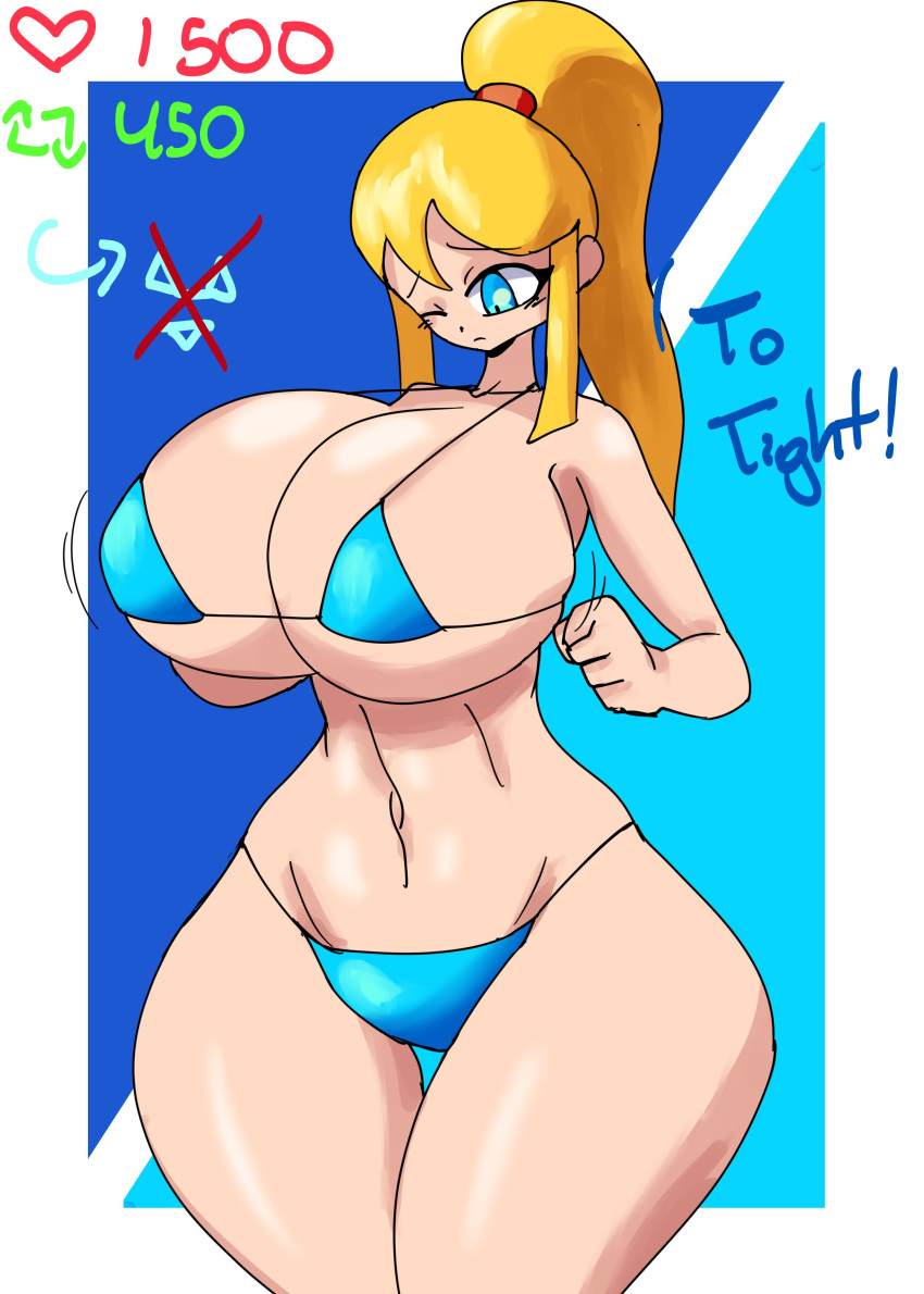 1girls bikini blonde_hair blue_eyes breasts female female_only full_comfort full_comfort_(strip_game) full_comfort_samus_aran_(strip_game) large_breasts long_hair looking_down metroid nintendo one_eye_closed part_4 ponytail samus_aran solo solo_female strip_game swimsuit