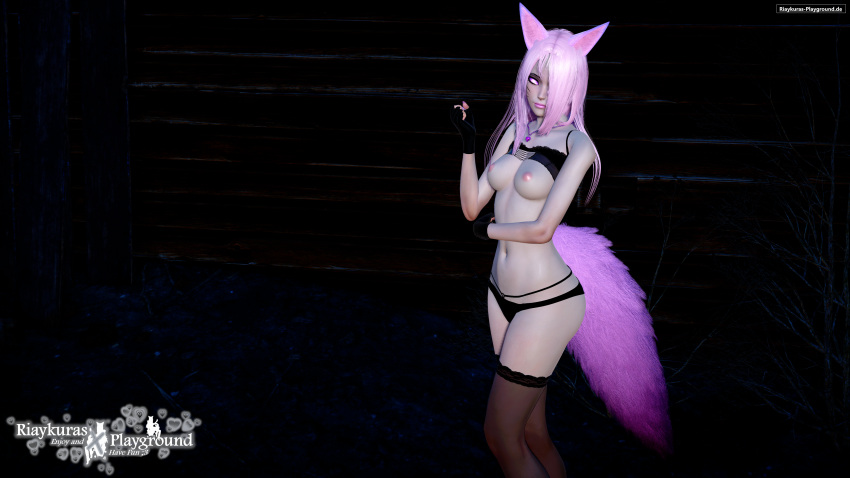 3d animal_ears animal_humanoid black_bra black_legwear black_lingerie black_panties black_stockings bra bra_lift dark_background eye_covered face_markings fox_ears fox_girl fox_tail hi_res highres kemonomimi lingerie panties pink_eyes pink_lips pink_lipstick pink_nails posing riaykura riaykuras_playground self_upload standing stockings tail