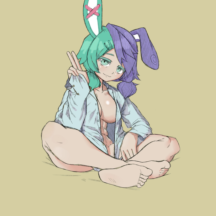 1girls 2024 abs animal_ears anonymous_artist barefoot barely_covered barely_covered_breasts bottomless buff bunny bunny_ears bunny_girl coat coat_only drawthread_request ear_ornament feet female female_focus female_only green_eyes green_hair hair_ornament indie_virtual_youtuber large_breasts light-skinned_female light_skin looking_at_viewer multicolored_hair purple_hair rabbit rabbit_ears rabbit_girl shiny shiny_breasts shiny_hair shiny_skin shu_berry_bun simple_background sitting solo thick_thighs topless virtual_youtuber vtuber