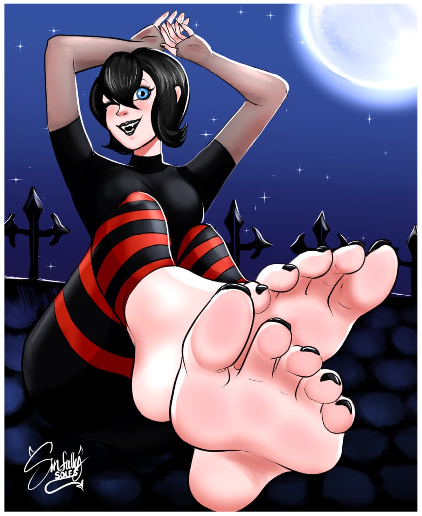 1girls 2d black_lipstick black_toenails blue_eyes feet female female_only foot_fetish foot_focus full_color fully_clothed goth_girl hotel_transylvania mavis_dracula no_penetration no_sex sinfully-soles solo solo_female striped_legwear