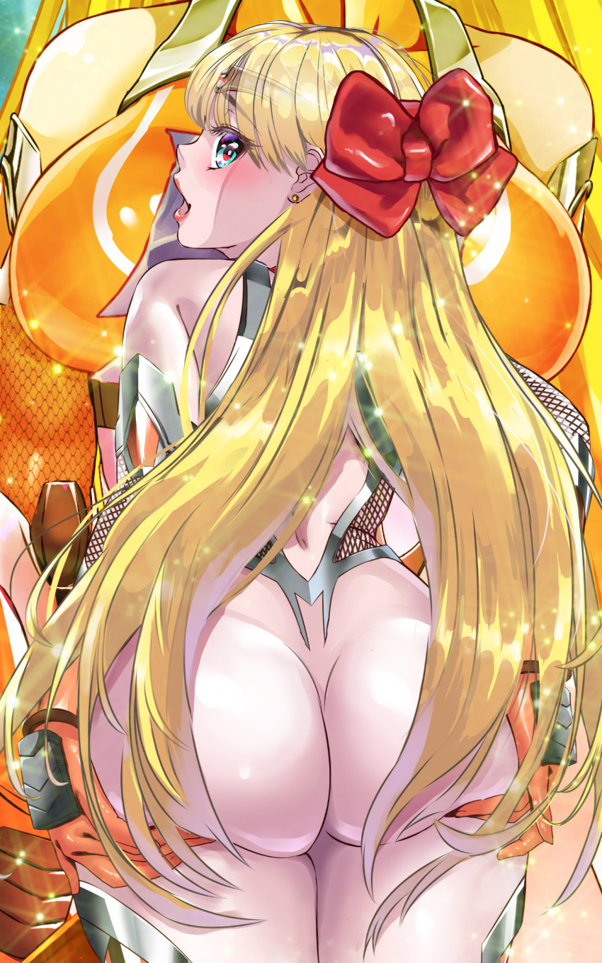 arion_canvas ass ass_focus ass_grab bishoujo_senshi_sailor_moon blonde_hair blue_eyes bodysuit bow bowtie breasts butt_crack female grabbing_own_ass hairbow highres large_breasts long_hair looking_at_viewer looking_back minako_aino open_mouth sailor_venus solo taimanin_(series)