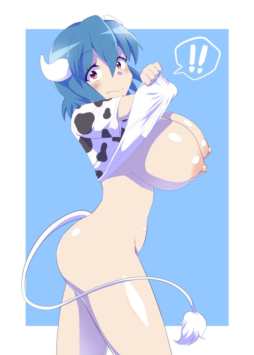 ! !! absurdres animal_print ass blue_background blue_hair blush bottomless breasts closed_mouth clothes_lift cow_girl cow_horns cow_print cow_tail embarrassed female from_side highres horns jashin-chan_dropkick large_breasts lifted_by_self looking_at_viewer minos_(jashin-chan_dropkick) moyuru_pen nipples no_panties print_shirt red_eyes shirt shirt_lift short_hair simple_background solo tagme tail