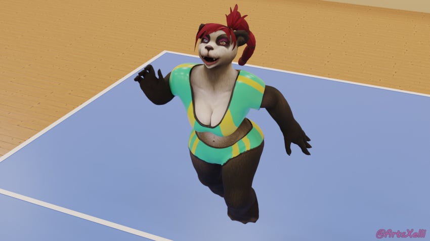 3d 3d_(artwork) 3d_model breasts breasts cg furry panda pandaren pandaren_female red_hair tight_clothes tight_clothing volleyball volleyball_shorts volleyball_uniform warcraft world_of_warcraft wow