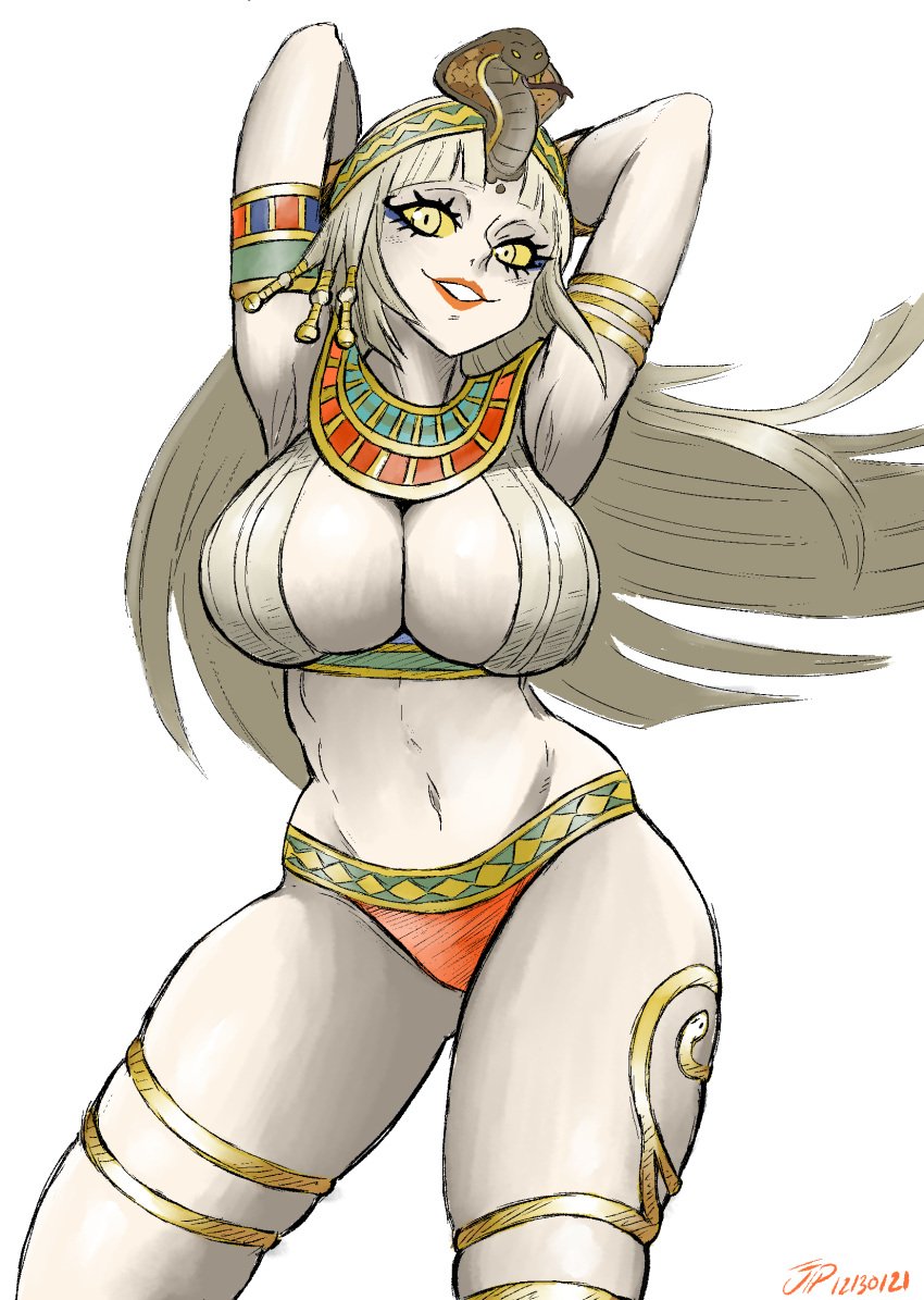 1girls alternate_version_available armpits arms_behind_head arms_up big_breasts blonde_hair breasts cleavage cleopatra_(megami_tensei) colored_sclera cowboy_shot crop_top dancing egyptian egyptian_clothes eyeliner female female_only high_res highres huge_breasts hypnotic_eyes jewelry large_breasts lipstick long_hair makeup megami_tensei panties seductive_smile shin_megami_tensei shin_megami_tensei_v smile solo source_request thick_thighs thighlet underwear uraeus usekh_collar videajames wide_hips yellow_eyes yellow_sclera