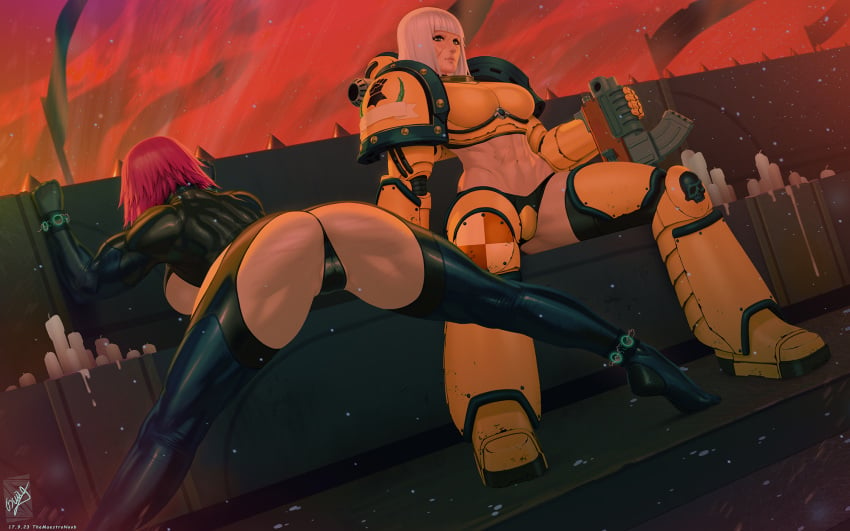 2girls abs adeptus_astartes arm_support armor bent_over black_gloves black_panties black_thighhighs breasts cameltoe candle female_space_marine gloves gun highres holding holding_gun holding_weapon imperial_fists imperial_fists_(space_marine) imperium_of_man iron_warriors large_breasts legs_apart multiple_girls muscular muscular_female navel panties red_hair red_sky rule_63 scar scar_on_face short_hair sitting sky smile space_marine spread_legs standing themaestronoob thighhighs underwear warhammer_(franchise) warhammer_40k weapon whip_marks white_hair yellow_panties