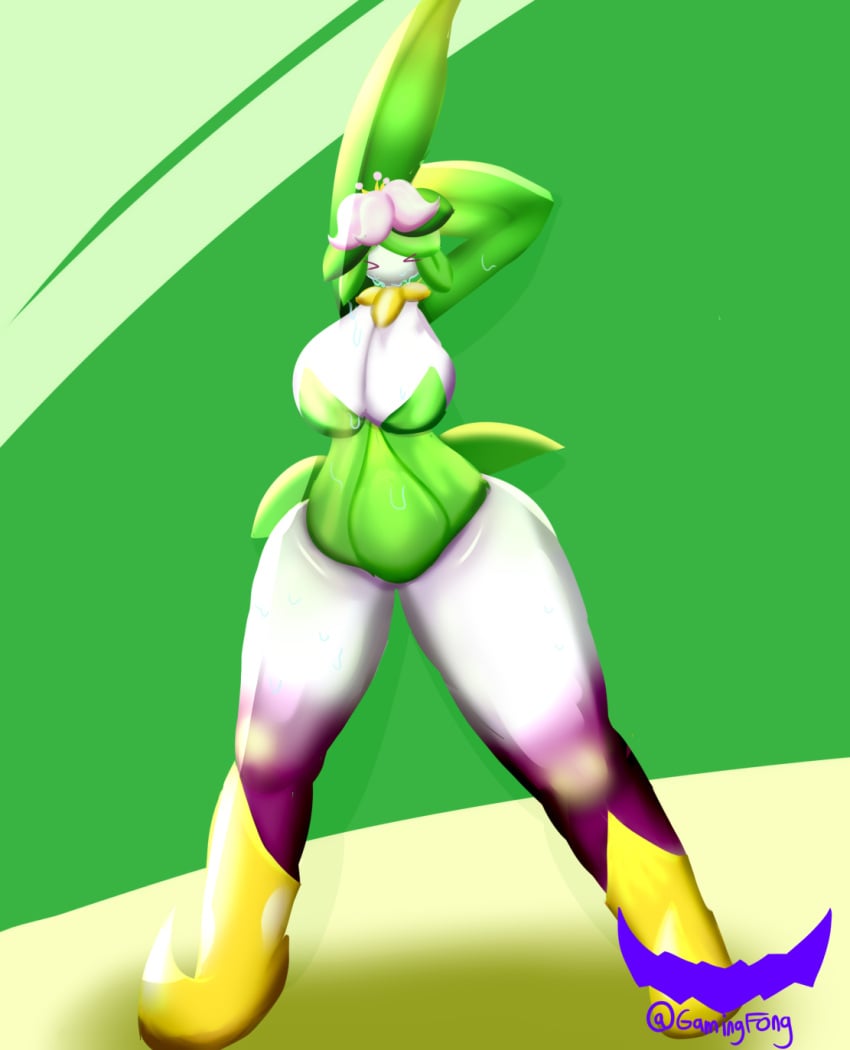 1girls 2024 anthro big_breasts big_thighs digital_drawing_(artwork) digital_media_(artwork) female female_only gamingh0rny hisuian_form hisuian_lilligant lilligant lily_(flower) pokemon pokemon_(species) stretching sweating thighs voluptuous