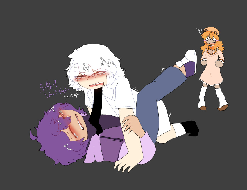 2boys caught charli_(inquisitormaster) clothed clothed_sex dry_humping female inquisitormaster light_(inquisitormaster) luca_(inquisitormaster) orange_hair purple_eyes purple_hair white_eyes white_hair