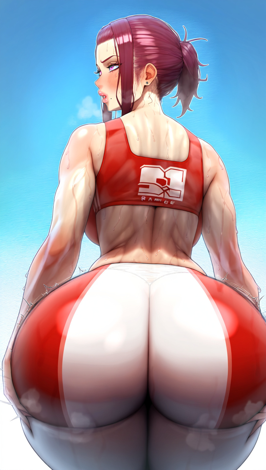 1girls ai_blackwhiplash ai_generated ai_omardogan ass back collaboration female female_only fully_clothed grabbing_own_ass heavy_breathing huge_ass mitsuru_kirijo mole_under_mouth musk_clouds persona persona_3 red_hair solo sports_bra stud_earrings sweating thick_ass thick_lips tied_hair track_and_field viewed_from_behind