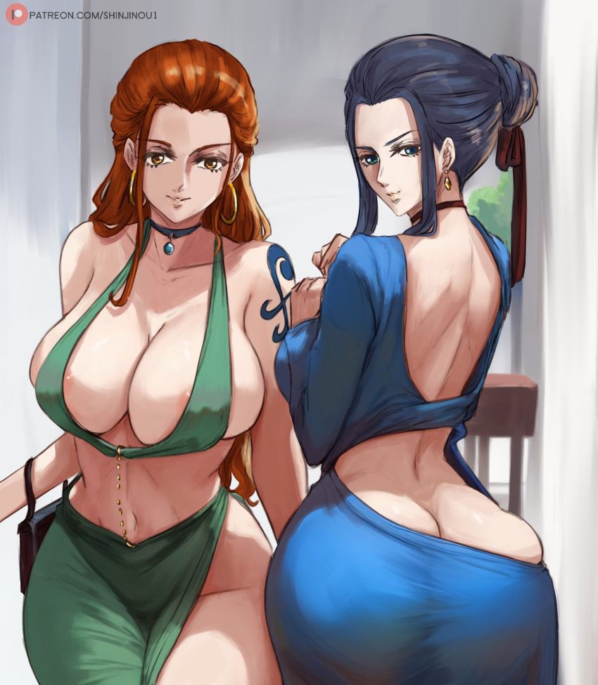 2girls ass back back_view bare_arms bare_shoulders big_ass big_breasts big_butt black_hair blue_eyes blush clothed clothing color female female_focus female_only hi_res jewelry large_breasts light-skinned_female light_skin long_hair looking_at_viewer multiple_girls nami nami_(one_piece) nico_robin nipples_visible_through_clothing one_piece orange_eyes orange_hair post-timeskip shinjinou solo_female tagme tattoo thick_thighs