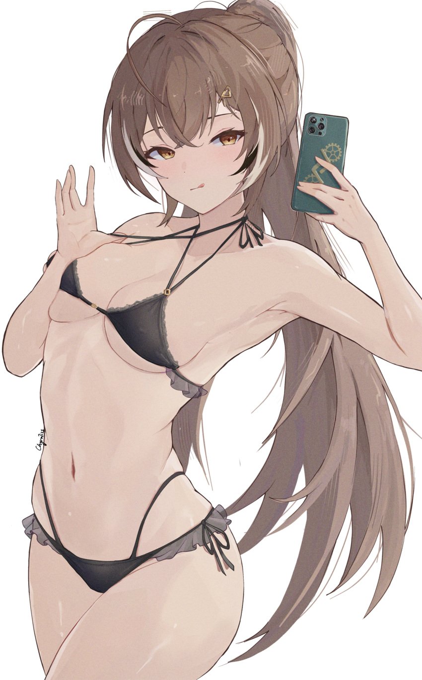 1girls 2023 :q absurdres bikini black_bikini breasts brown_eyes brown_hair cellphone chyraliss female hair_ornament hairclip high_ponytail highres holding holding_phone hololive hololive_english hololive_english_-council- hololive_english_-promise- long_hair medium_breasts nanashi_mumei navel phone selfie simple_background smartphone solo stomach swimsuit tongue tongue_out very_long_hair virtual_youtuber white_background