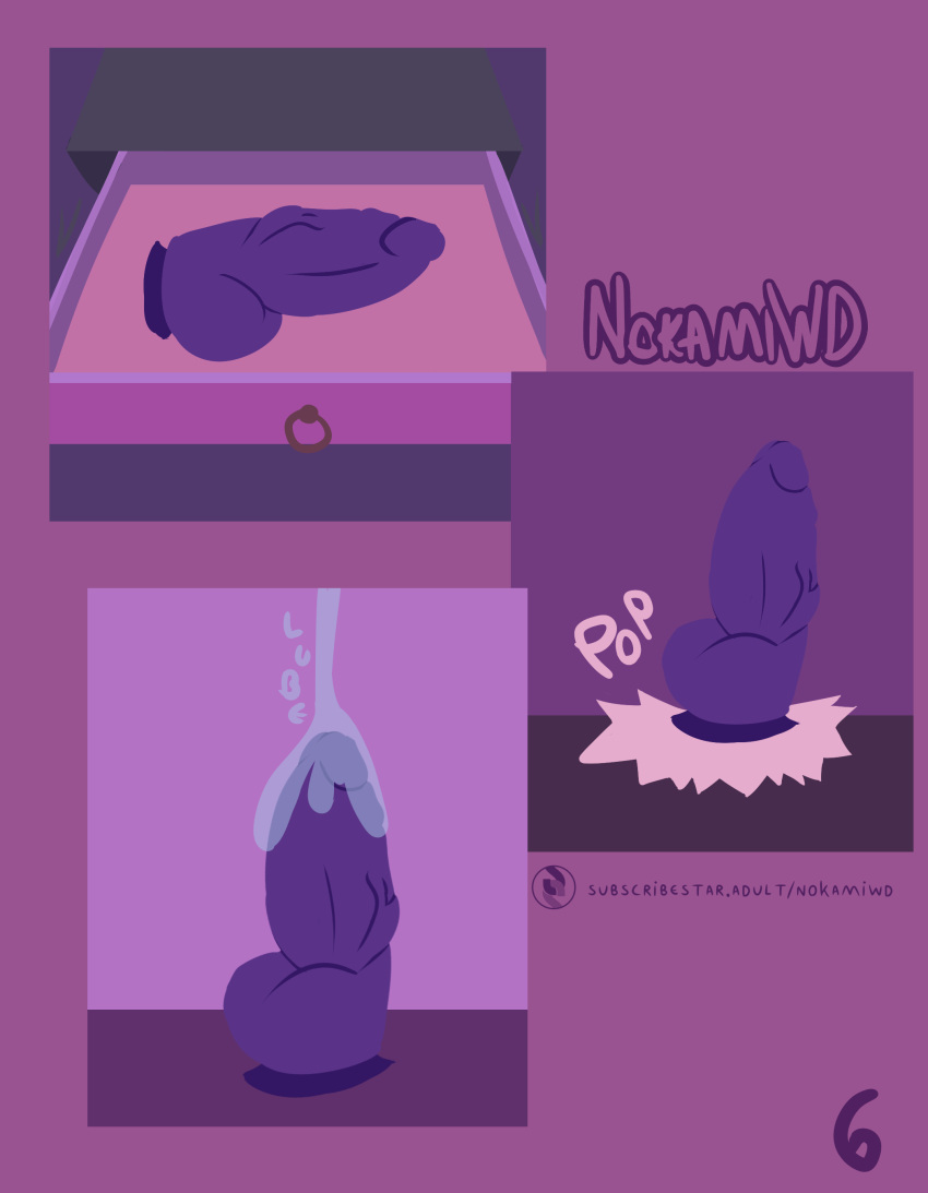 absurd_res comic dildo hi_res lube no_visible_face nokamiwd onomatopoeia preparation sex_toy simple_background solo sound_effects text toony zero_pictured