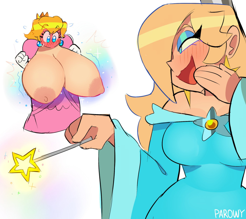 2girls :3 breast_expansion breasts breasts_bigger_than_head duo female female_only gigantic_breasts involuntary_expansion magic mario_(series) medium_breasts nintendo parowy princess_peach princess_rosalina tagme