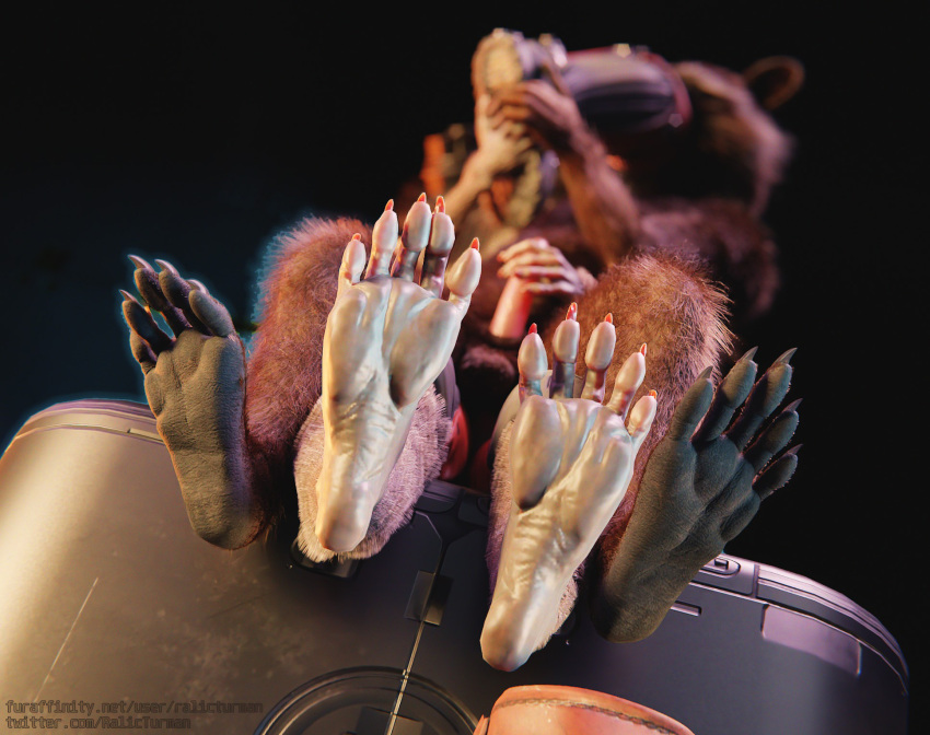 3d_(artwork) anthro digital_media_(artwork) duo feet fur furniture guardians_of_the_galaxy hi_res male male/male mammal marvel nude pawpads paws procyonid raccoon raised_paw ralic_turman rocket_raccoon simple_background sniffing toes