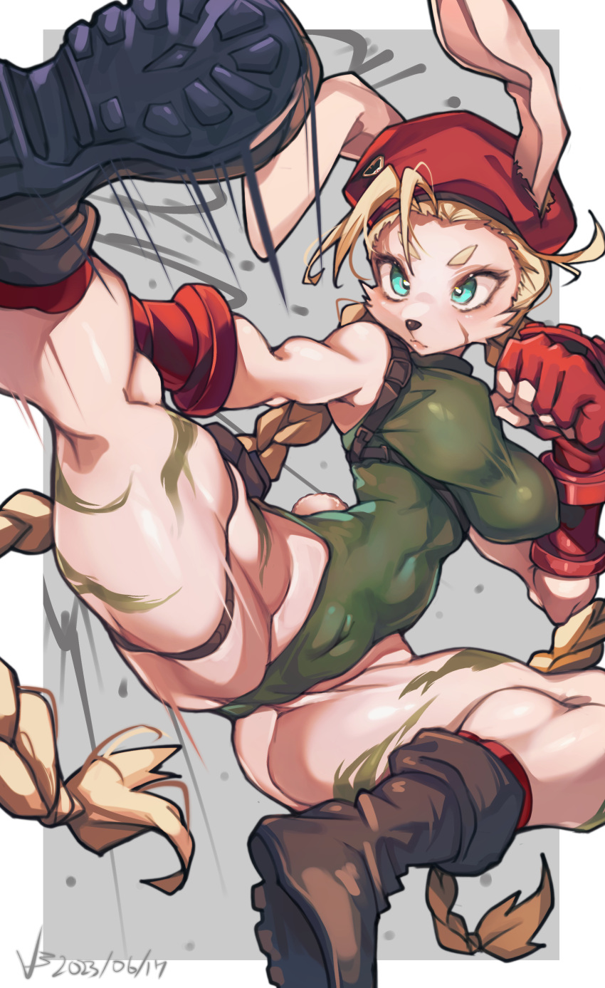 1girls animal_ear animal_ears animal_humanoid bare_shoulder bare_shoulders bare_thighs big_breasts blonde blonde_eyebrows blonde_female blonde_hair blonde_hair_female boots braid braided_hair braided_twintails breasts brown_boots cammy_white capcom female female_only green_leotard hat huge_breast iparuputsua kick kicking large_breasts leotard long_ear long_ears massive_breasts only_female rabbit rabbit_ear rabbit_ears rabbit_girl rabbit_humanoid red_hair spread_legs spreading street_fighter thick_thighs thighs