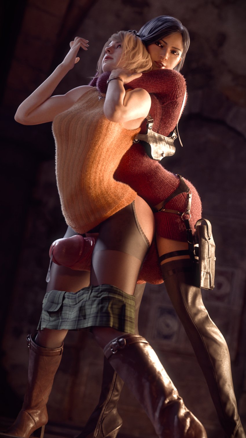 1futa 1girls 3d ada_wong ada_wong_(adriana) arched_back ashley_graham ashley_graham_(ella_freya) big_penis choke_hold female from_behind futa_on_female futanari harness huge_cock large_penis leaking_precum pantyhose resident_evil resident_evil_4 resident_evil_4_remake scamarai sweater thighs