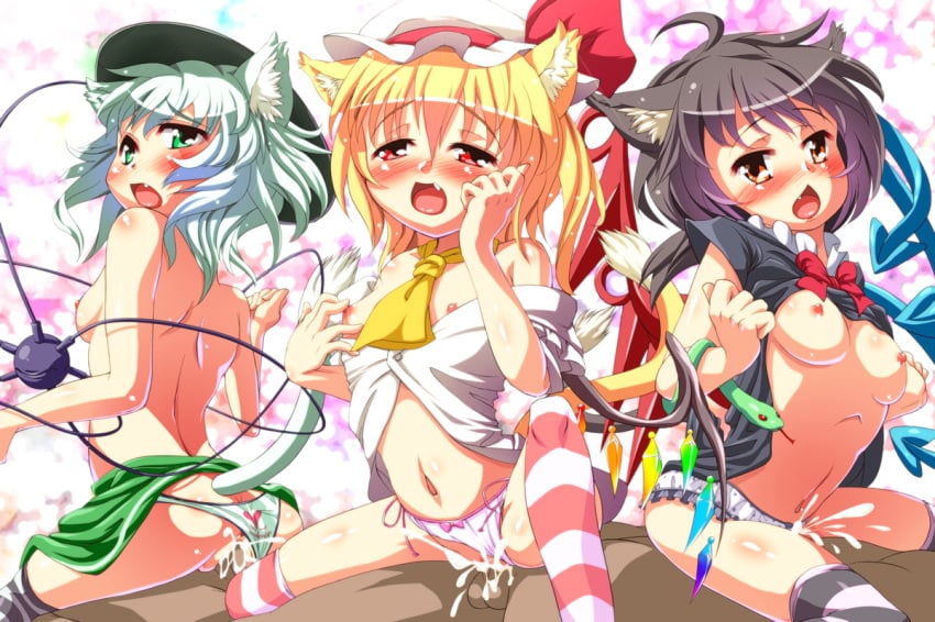 3boys 3girls ahoge animal_ears ass asymmetrical_wings back bare_shoulders black_hair blonde_hair blush bow bow_panties breasts chestnut_mouth cowgirl_position cum cum_in_pussy cum_inside cute_fang flandre_scarlet flat_chest green_eyes group_sex hat koishi_komeiji looking_back multiple_boys multiple_girls nipples nue_houjuu open_clothes open_mouth open_shirt orange_eyes panties panties_aside penis pussy red_eyes sex shirt_lift shirt_pull side-tie_panties skirt skirt_lift snake striped striped_legwear sushoyushi tail testicles touhou underwear vaginal_penetration white_hair wings