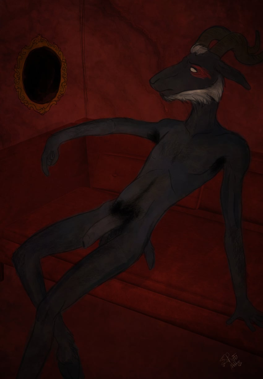 age_difference anthro black_body black_fur blind body_hair bovid caprine caprine_demon demon disability facial_hair foreskin fur genitals goat goat_demon hi_res horn lying male mammal mordecai_(anthroterra) older_male penis pubes scruffymutty solo