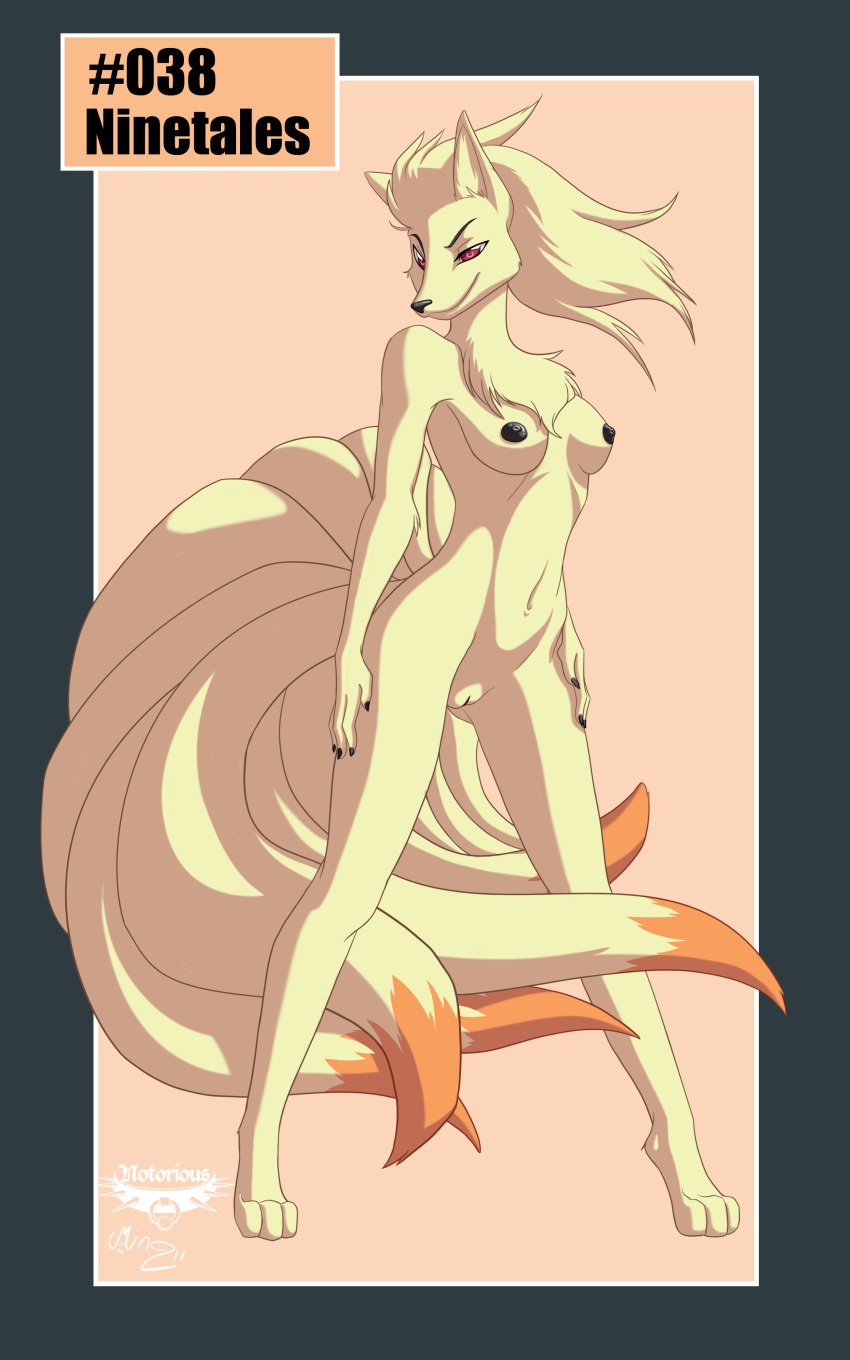 anthro black_nails black_nipples breasts canine female fox kitsune mingchee multiple_tails nail_polish ninetales nipples pokemon pussy red_eyes solo standing straight_hair tail vulva