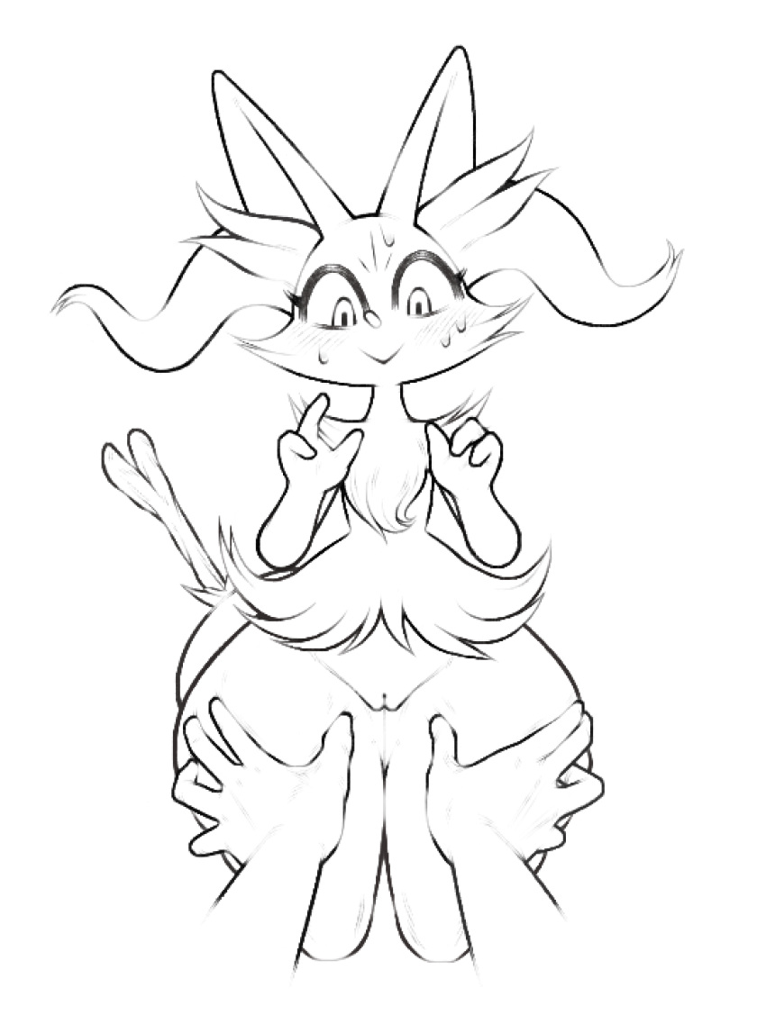 anthro bodily_fluids box_(hajimeyou654) braixen digital_media_(artwork) disembodied_hand duo exposing_pussy female genitals hi_res inner_ear_fluff interspecies leg_grab line_art looking_down nervous nervous_smile nintendo pokemon pokemon_(species) pokephilia pussy raised_hand simple_background small_waist spread_pussy spreading stick sweat thick_thighs thigh_grab tuft wide_hips