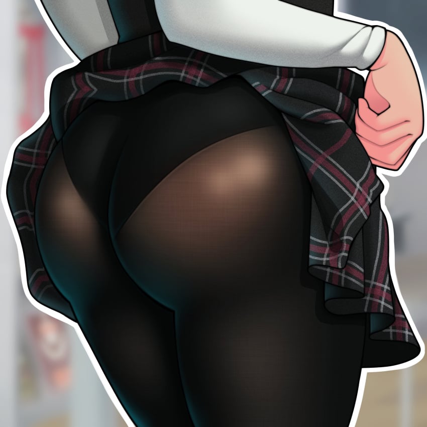 1girls atlus big_butt black_legwear black_pantyhose butt butt_focus clothing female highres human leggings legwear lifting_skirt makoto_niijima mwxxxart pale_skin panties_under_pantyhose pantyhose persona persona_5 school_uniform schoolgirl skirt tight_fit tights