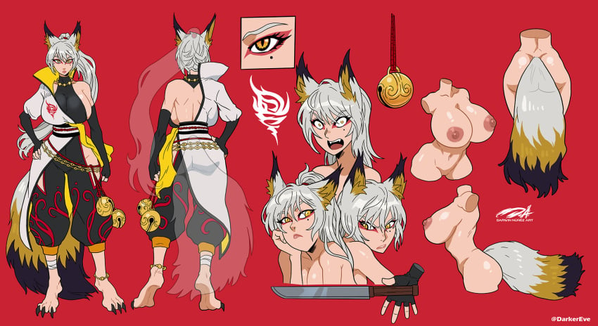 1girls ass bell big_breasts breasts butt character_profile character_sheet clawed_toes claws curvaceous curvy_figure darkereve eye_markings fox_ears fox_eyes fox_tail foxgirl ikumi kitsune knife kunoichi light-skinned_female long_ponytail mole_under_eye ninja nipples ponytail reference_sheet stormbreeze voluptuous voluptuous_female white_fur white_hair