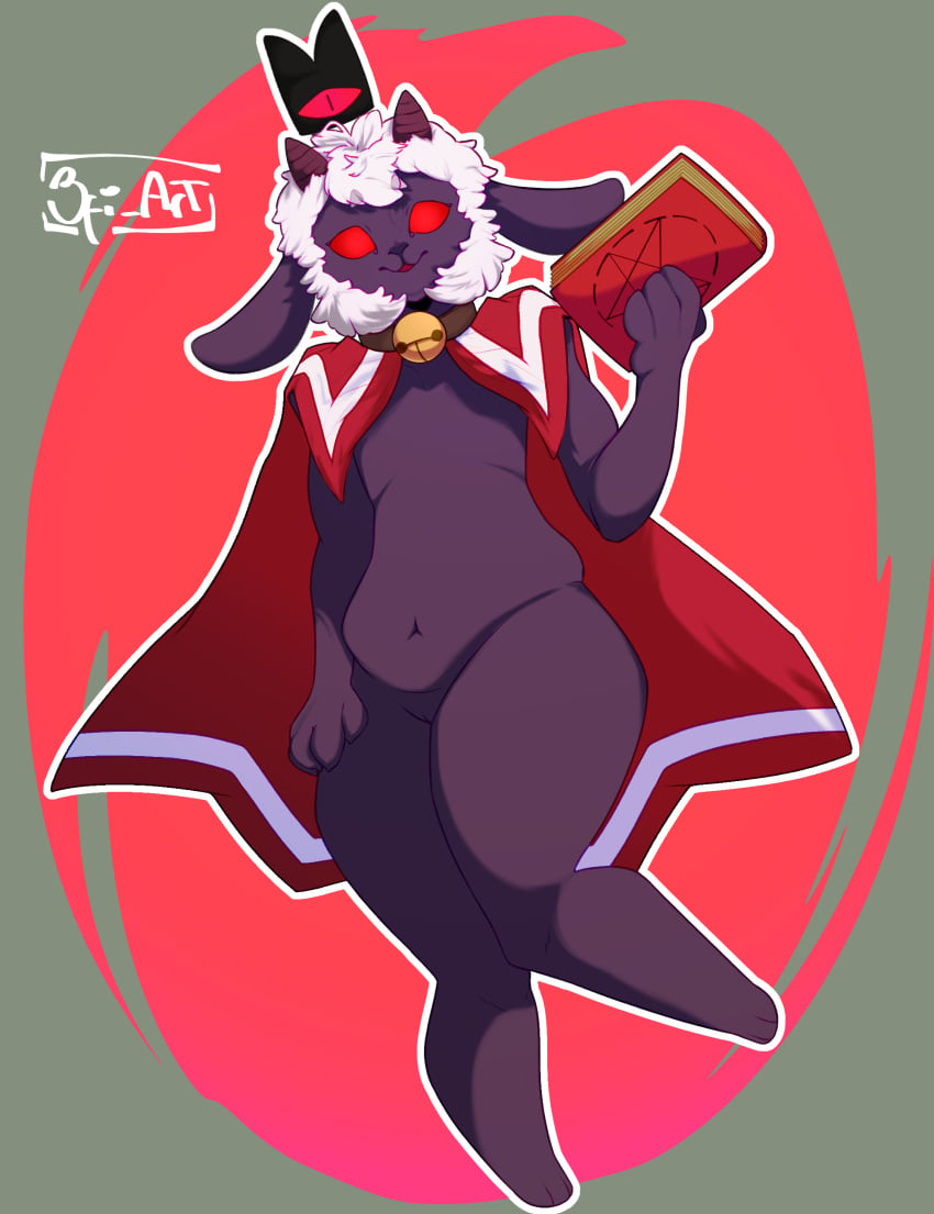 3fi_art anthro black_body caprine casual clothes_off clothing cult_of_the_lamb cute dark_skin femboy furry furry_ears furry_male furry_only goat goat_ears goat_horns goat_humanoid headwear lamb_(cult_of_the_lamb) male outerwear red_eyes sheep thick_ass thick_thighs weapon white_wool