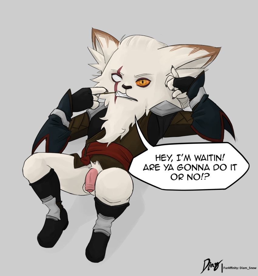 anthro armor diam_snow eye_scar facial_scar flaccid genitals hi_res kled league_of_legends looking_at_viewer male pantsless penis picking_teeth riot_games scar shoes_on solo yordle