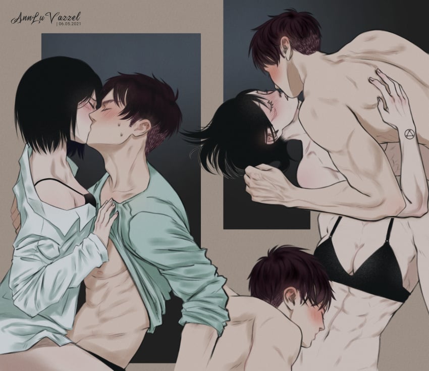 1boy 1girls abs annluvazzel asian asian_female athletic attack_on_titan black_bra black_hair blush bra eremika eren_jaeger female implied_sex kissing kissing_abs licking_abs male mikasa_ackerman muscular partially_clothed passionate passionate_kiss scar shingeki_no_kyojin short_hair sweat