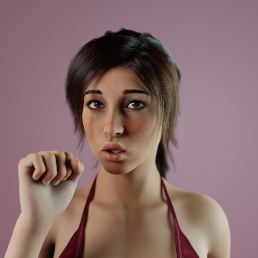 3d blush brown_hair lara_croft lara_croft_(survivor) lips ponytail sinaf tank_top tomb_raider