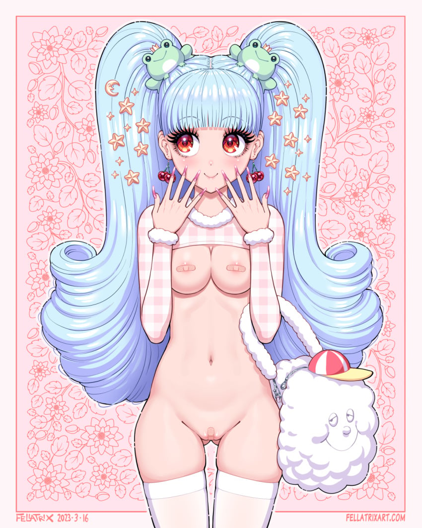 1girls bandage bandaid bandaid_on_pussy bandaids_on_nipples bangs barely_clothed blue_hair breasts cherry clothed cute earrings fellatrix female female_focus female_only frog frog_hair_ornament gyaru hair_ornament kawaii light-skinned_female light_blue_hair light_skin long_hair long_nails mostly_nude nipples_covered nude nude_female one_piece original_character pale-skinned_female pale_skin partially_clothed purse pussy_covered red_eyes shrug_(clothing) skindentation smile solo solo_focus sparkling_eyes tagme thigh_gap thighhighs twintails valentina_(fellatrix) wholesome wide_hips zeus_(one_piece)