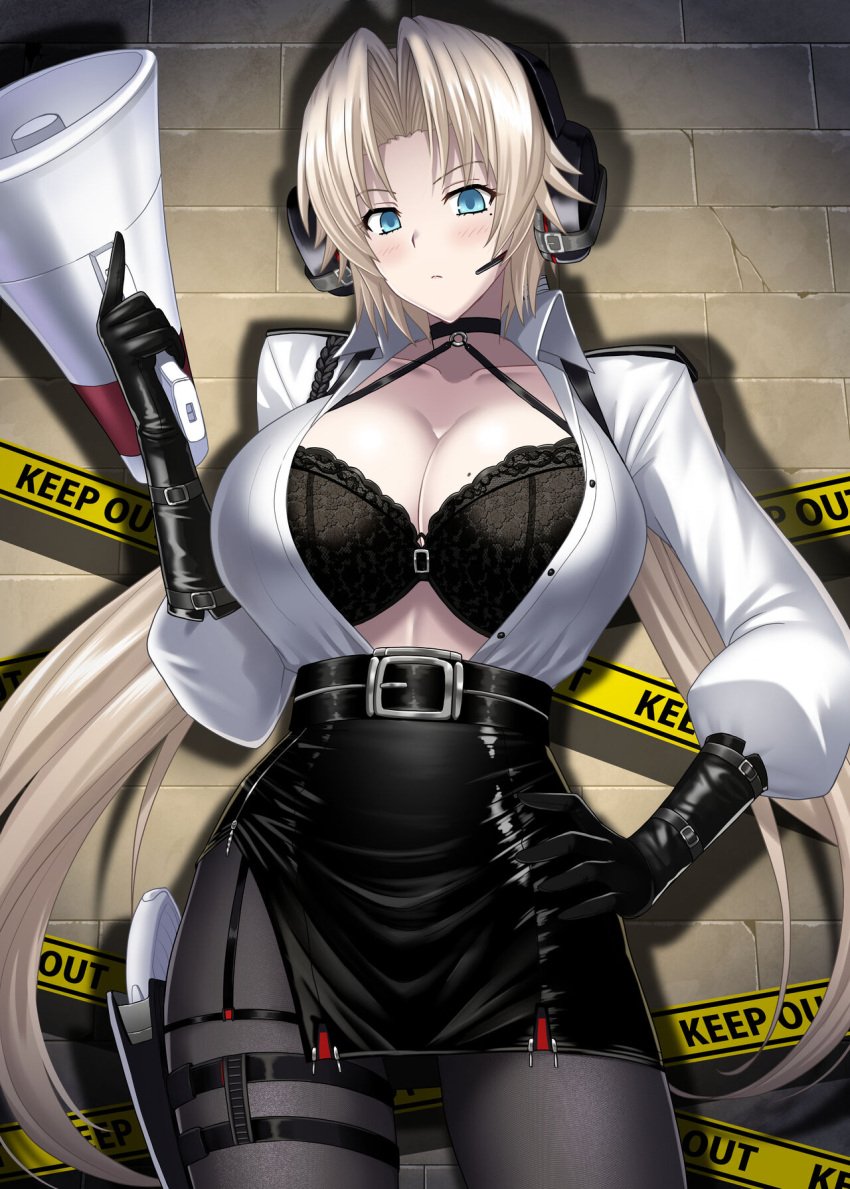 1girls azur_lane breasts brick_wall caution_tape censored choker clothed_female_nude_male clothes_lift clothing_aside collarbone commentary cowboy_shot cowgirl_position drop_shadow elbow_gloves female gloves hair_intakes headset hellandheaven high-waist_pantyhose high-waist_skirt highres holstered_weapon impossible_hair kronshtadt_(azur_lane)