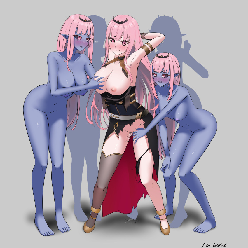 armpits blue_skin blush breasts demon_girl embarrassed grim_reaper groping hololive hololive_english hololive_myth lio_wart mori_calliope navel nipples pink_hair pussy_juice red_eyes ripped_clothing selfcest virtual_youtuber yuri