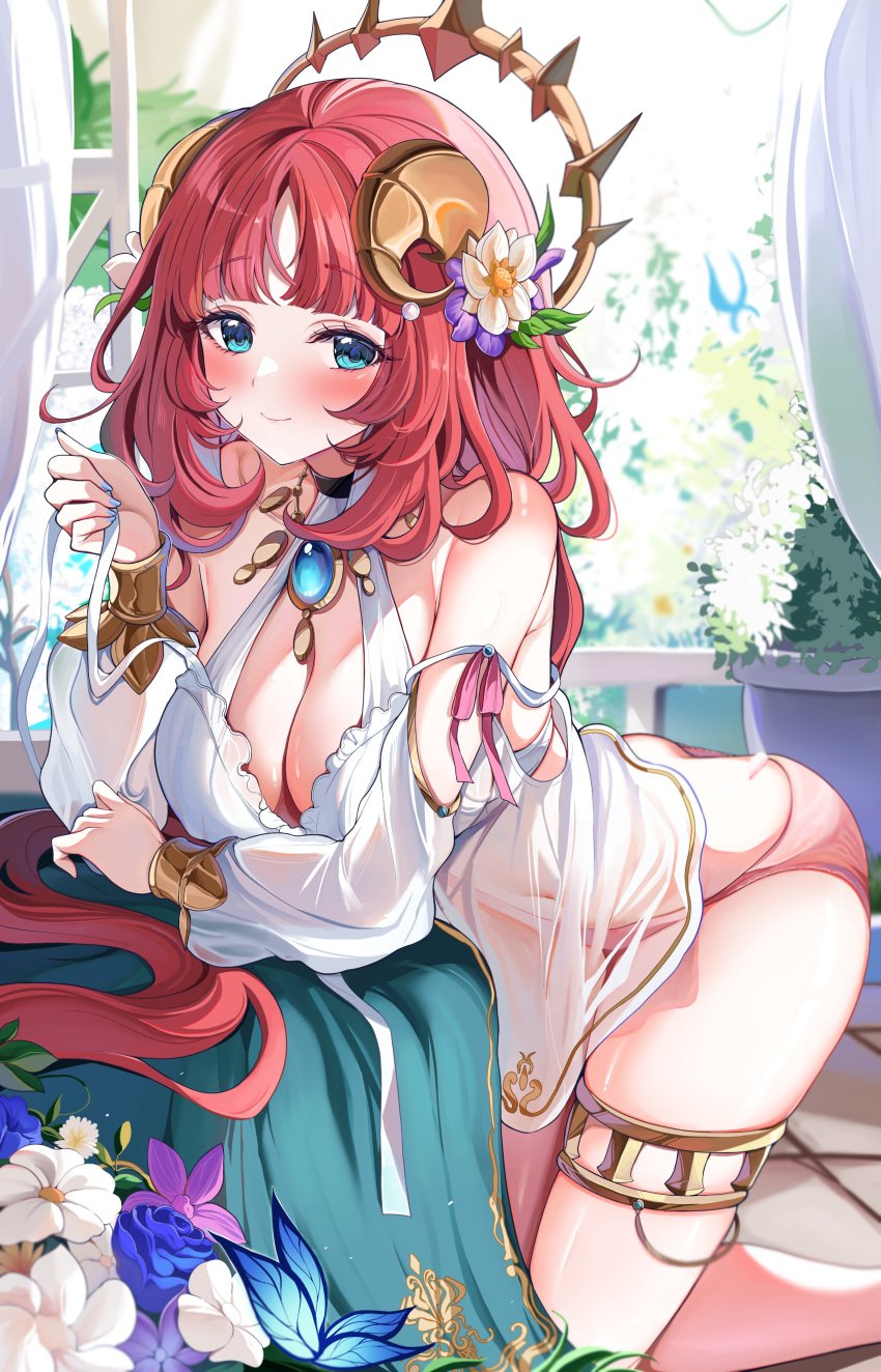 blue_eyes blush breasts cleavage detached_sleeves flower flower_in_hair flowers genshin_impact nightgown nilou_(genshin_impact) panties red_hair sak_(lemondisk) smile thick_thighs thighs