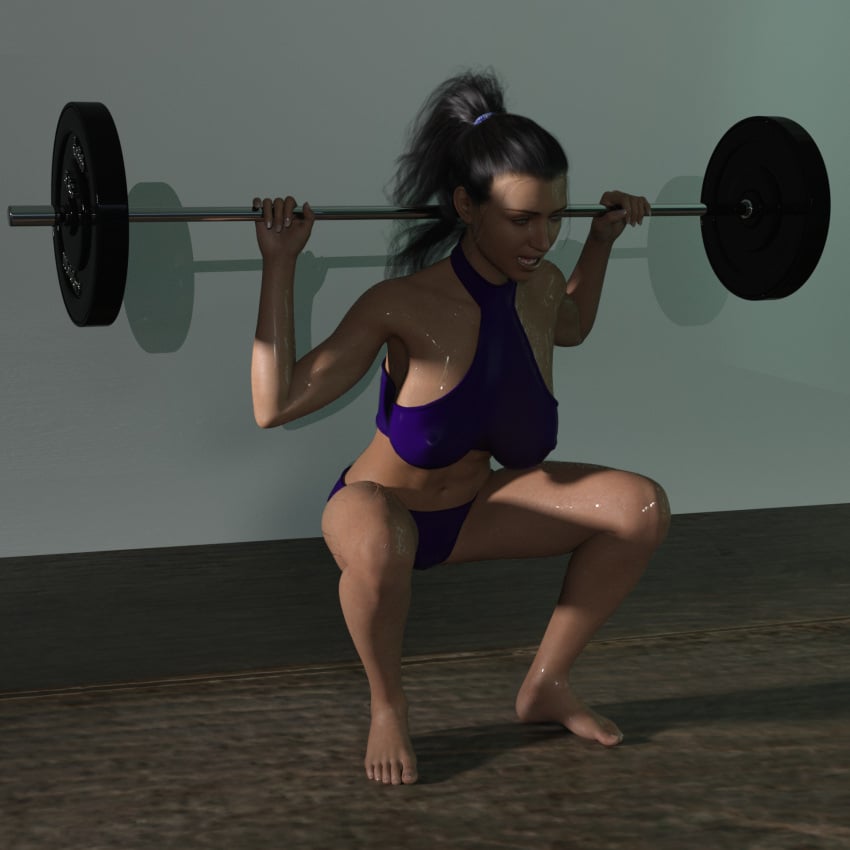 3d athletic big_breasts black_hair blue_eyes clothed_female clothes dumbbell firm_breasts fit_female indoors jollybizz katya_sax long_hair muscular panties ponytail revealing_clothes slim_waist sweat topwear transparent_clothing wet wet_clothes wooden_floor workout_clothes