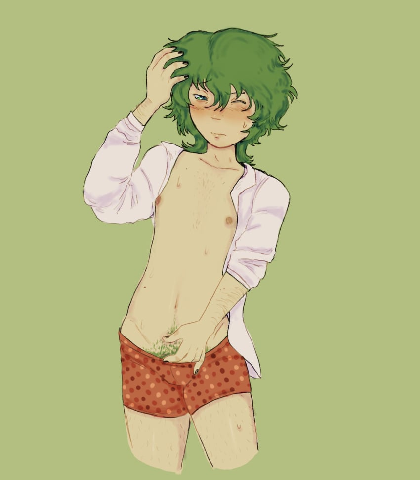 1boy black_nails blue_eyes blush body_hair boxers green_hair happy_trail midori_(your_turn_to_die) no_visible_genitalia painted_nails pale_skin petite sou_hiyori sweat white_shirt your_turn_to_die