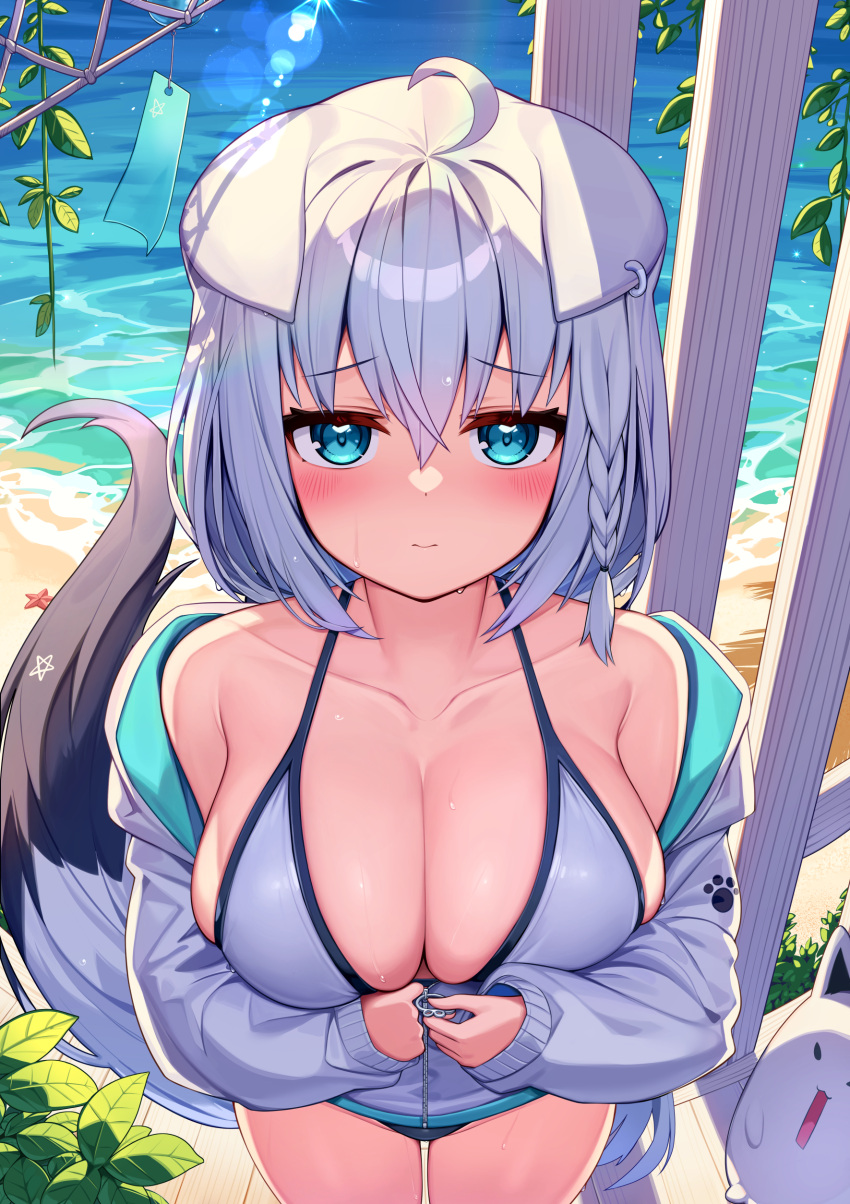 1girls ahoge animal_ears aqua_eyes beach bikini blush braid cleavage deaver female female_only fox_ears fox_girl fox_tail hi_res hololive hololive_gamers hololive_gen_1 hololive_japan huge_breasts light-skinned_female light_skin long_hair looking_at_viewer shirakami_fubuki single_braid sweat swimsuit virtual_youtuber white_hair