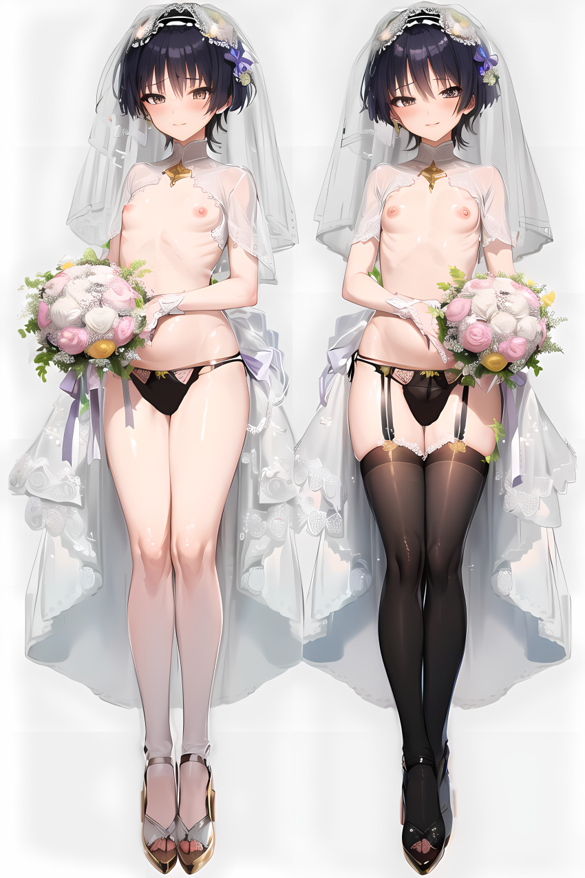 2boys ai_generated bouquet cute_male femboy femboy_bride genshin_impact high_heels high_resolution highres lingerie male_bride nipples nude otoko_no_ko otokonoko panties purple_eyes purple_hair scaramouche_(genshin_impact) slim stable_diffusion thighhighs tomgirl wedding_dress wedding_veil wide_hips