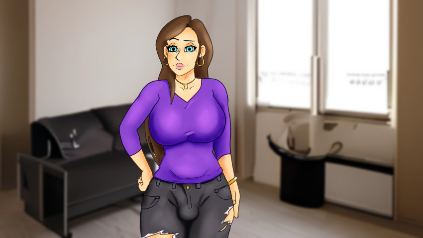 1futa big_breasts blue_eyes breasts brown_hair bulge clothed clothing fully_clothed futa_only futanari human light-skinned_futanari light_skin long_hair milf self_upload simpbot2k solo standing wide_hips