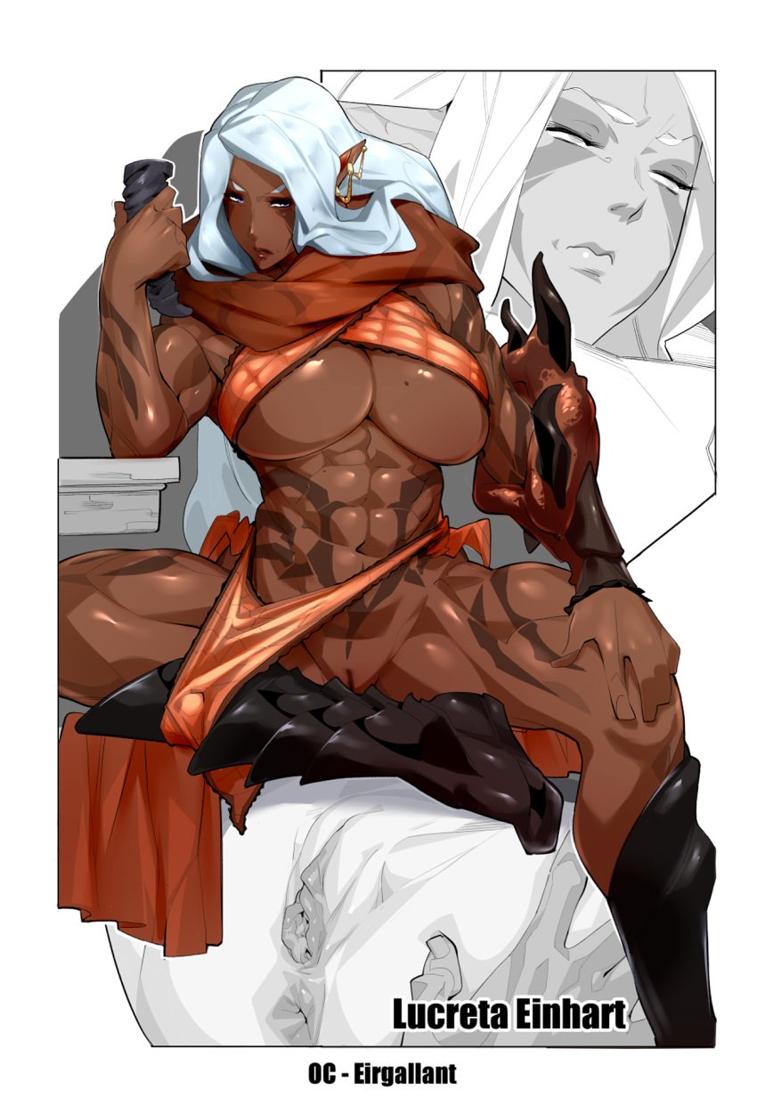 1girls abs amazon armor asshole biceps big_breasts boots breasts buru cleavage clitoral_hood color dark-skinned_female dark_elf dark_skin earrings elf elf_ears elf_female exposed_pussy facepaint female_only hi_res huge_breasts light_blue_hair long_hair long_labia lucreta_einhart milf mole_on_breast mother muscular muscular_female nofuture original original_character partially_undressed pointy_ears pussy revealing_clothes sitting skimpy stretched_clothes tattoo tattoos thighs tribal tribal_tattoo underboob white_hair