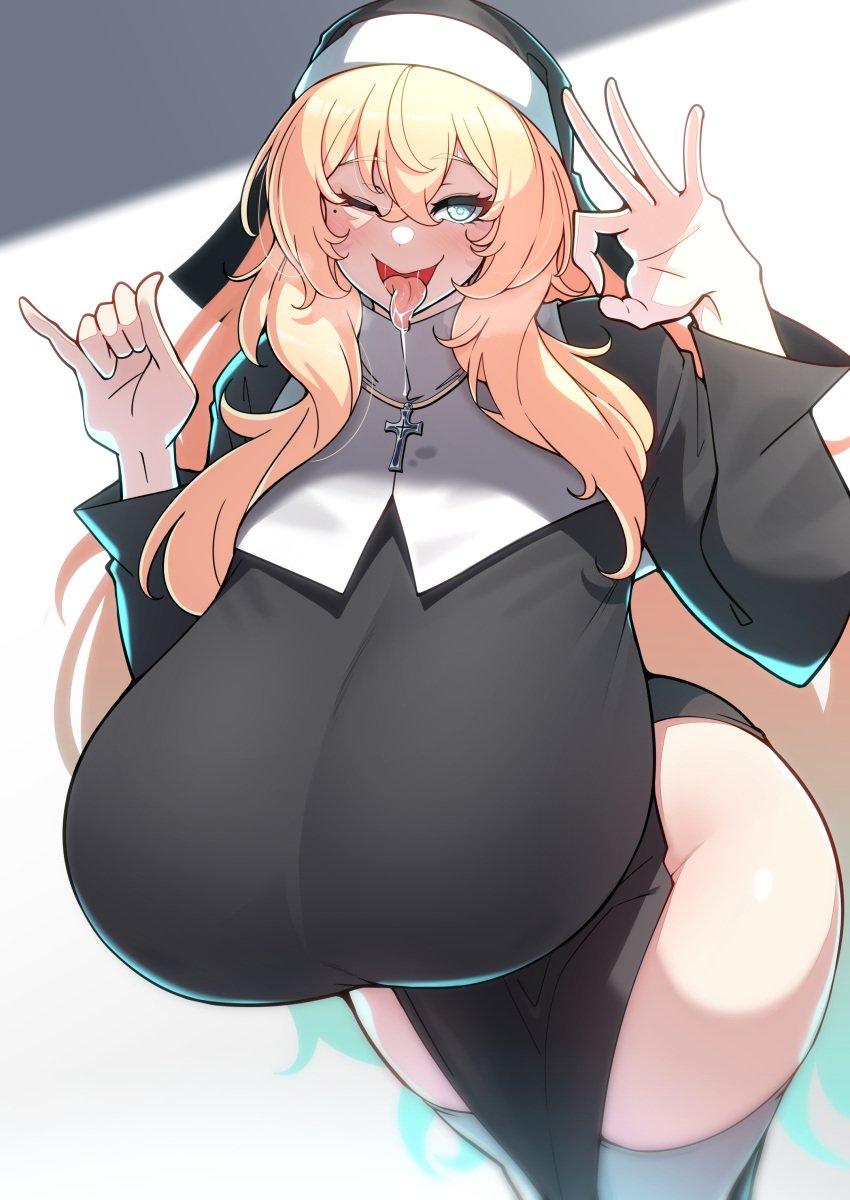 1girls absurdres blonde_hair blue_eyes blush breasts cross cross_necklace curvy fellatio_gesture female gigantic_breasts habit hair_between_eyes highres jewelry konoshige_(ryuun) long_hair long_sleeves looking_at_viewer mole mole_under_eye necklace nun nun_(konoshige) one_eye_closed open_mouth original ryuun_(stiil) sexually_suggestive side_slit sidelocks simple_background sister-san_(konoshige) smile solo thick_thighs thighs tongue tongue_out very_long_hair white_background wide_hips