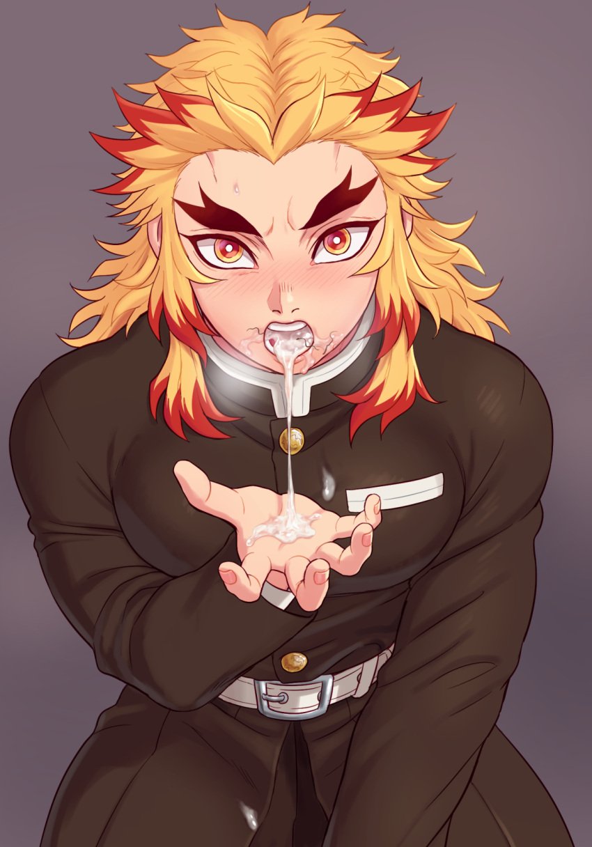 1boy after_fellatio ambush_(trap) blonde_hair cum cum_in_mouth demon_slayer demon_slayer_uniform forehead forked_eyebrows highres japanese_clothes kimetsu_no_yaiba long_sleeves male_focus male_only marotoskin multicolored_hair open_mouth orange_eyes orange_hair red_hair rengoku_kyoujurou