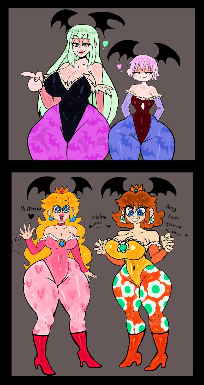 2023 4girls ass big_ass big_breasts bite_mark bite_mark_on_neck bitten blonde_hair breasts brown_hair bubble_butt capcom cleavage clothing crossover darkstalkers demon demon_girl demon_wings dumptruck_ass earrings female female_only green_hair heart heart-shaped_pupils huge_ass huge_breasts large_ass large_breasts larger_female lemonadepikachu lilith_aensland lipstick mario_(series) morrigan_aensland morrigan_aensland_(cosplay) motion_lines multiple_girls nintendo princess_daisy princess_peach purple_hair shorter_female size_difference smaller_female smile source_request succubus taller_female taller_girl text thick_thighs thunder_thighs video_games voluptuous wide_hips wings