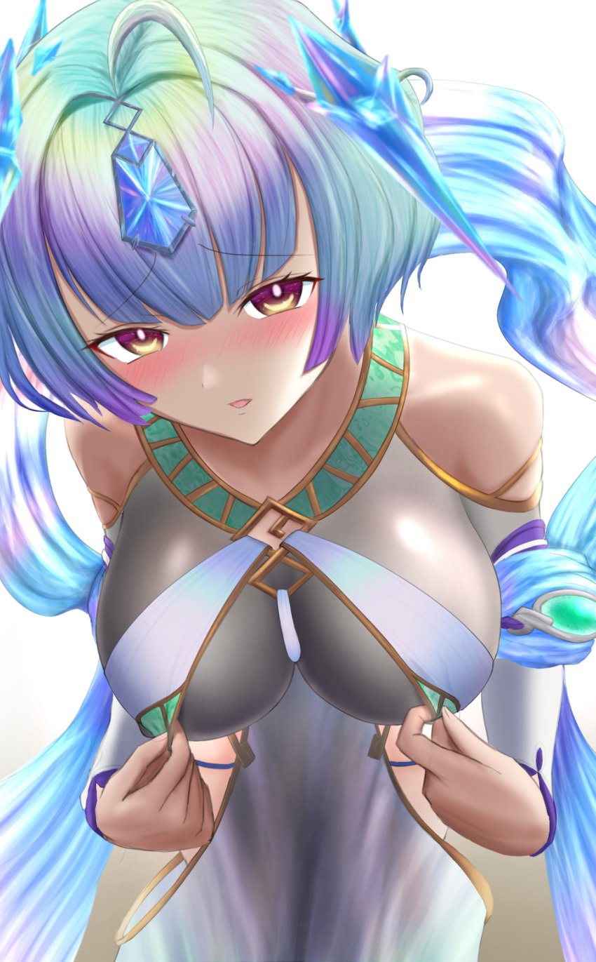 1girls ahoge aqua_hair bangs bare_shoulders bare_thighs blue_hair blush breasts collarbone female female_only fire_emblem fire_emblem_heroes flashing large_breasts looking_at_viewer matoimangekyo multicolored_eyes multicolored_hair nintendo open_mouth pink_eyes presenting purple_hair seidr_(fire_emblem) short_hair shoulders solo thighs yellow_eyes