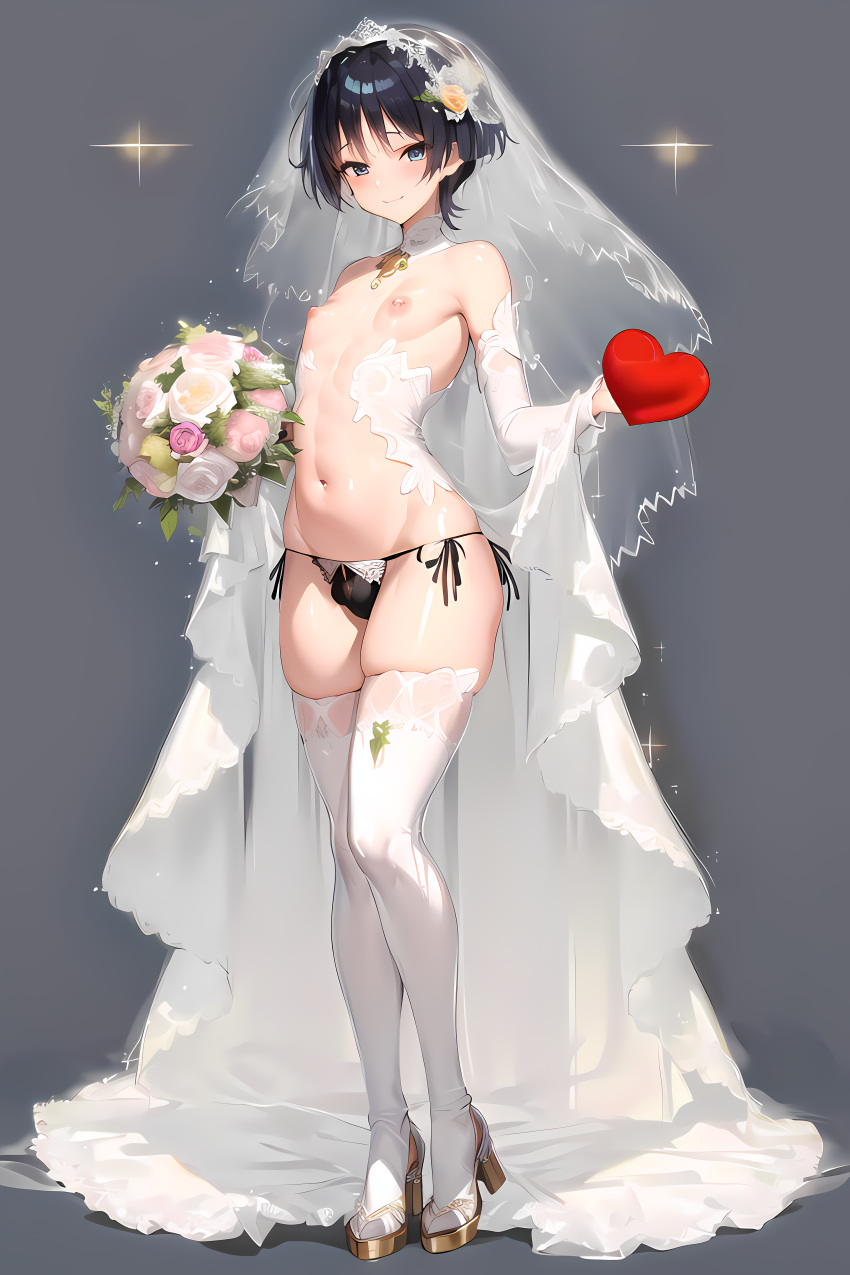 ai_generated blush blushing_at_viewer bouquet boy_wife bulge cute cute_male femboy feminine_male genshin_impact girly girly_boy grey_background heart high_heels high_resolution holding_object impossible_clothes looking_at_viewer male_bride nipples nude otoko_no_ko otokonoko panties purple_eyes purple_hair scaramouche_(genshin_impact) sparkles stable_diffusion swollen_nipples thighhighs tomgirl trap_bride wedding_dress wedding_lingerie wedding_veil white_clothing wide_hips