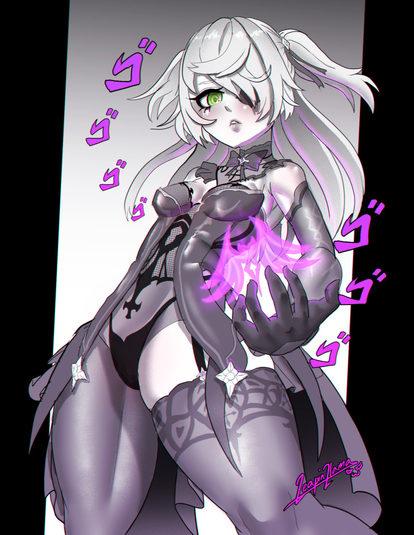 blonde_hair eyepatch fischl_(genshin_impact) green_eyes jojo_reference leapinllama medium_breasts monochrome petite pose skindentation small_breasts tagme thick_thighs